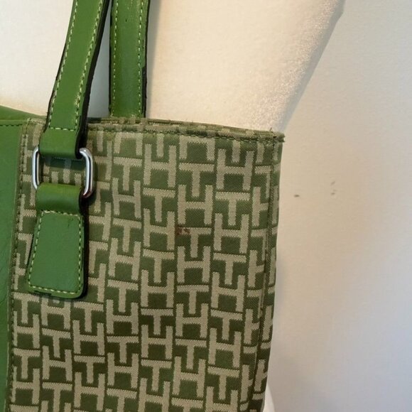 Vintage Tommy Hilfiger Y2K Monogrammed Jacquard Leather Trim Green Tote Bag - Picture 7 of 7